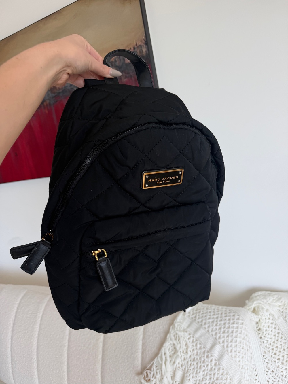 Marc Jacobs Black Quilted Mini Backpack with Gold Plaque